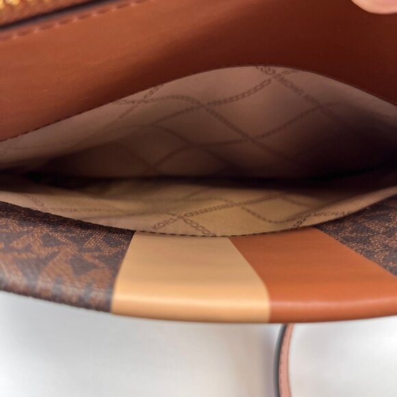 Michael Kors Marilyn Medium Logo Stripe Satchel Brown Mask Canvas Leather Trim - Picture 10 of 16